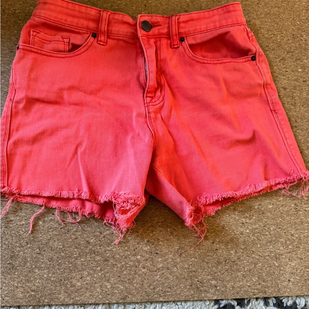 BDG Coral Pink Frayed Hem Denim Shorts